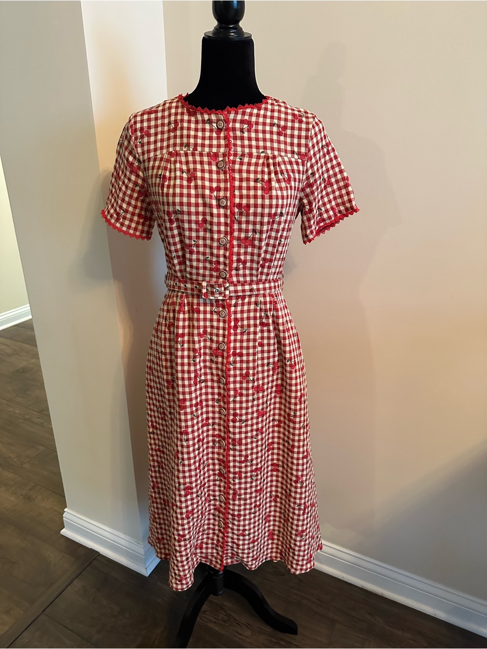 Women’s size XS vintage inspired cut gingham-checked cherry dress